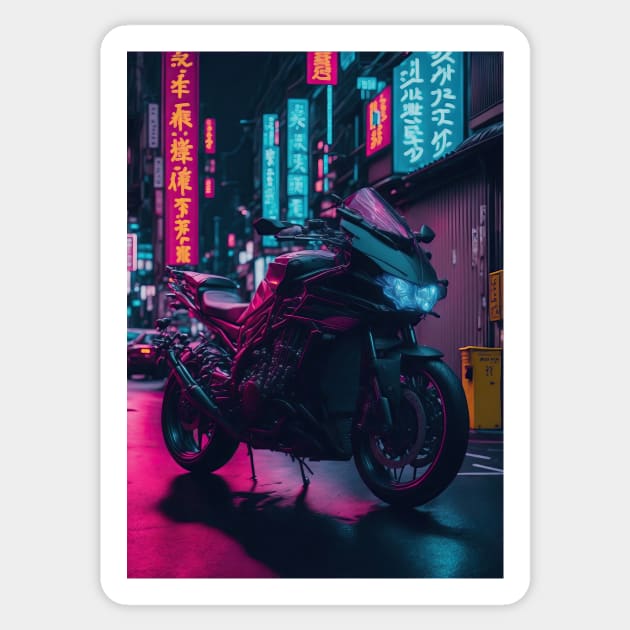 Neon Speedster: Motorcycle Majesty in a Japanese Metropolis Sticker by star trek fanart and more